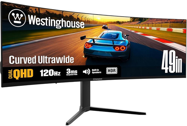 웨스팅하우스 49인치 커브드 울트라와이드 QHD 게이밍 모니터 AMD 프리싱크 로우 블러 R1800 커브 5120x1440 스피커 내장 PC 게임용 디스플레이포트 2배, 49 Inch, 144 Hz