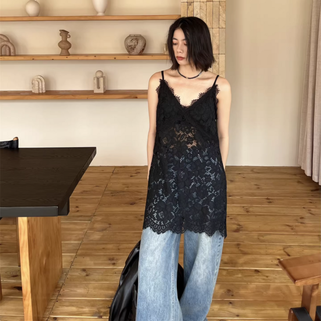 2026 봄 시스루 레이어드 롱 루즈핏 레이스 브이넥 원피스