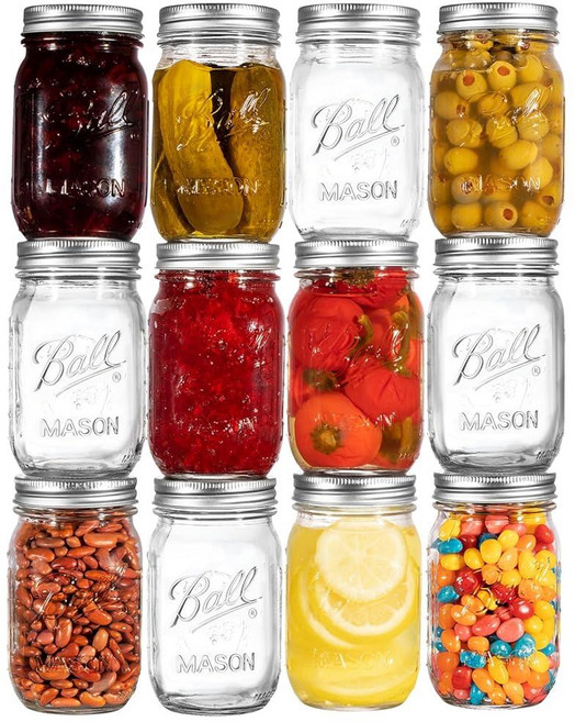 Ball 레귤러 마우스 메이슨 병 473.2ml(16온스) (12팩) - 통조림 발효 피클링 식사 준비 또는 DIY 장식 및 프로젝트를 위한 밀폐 뚜껑 및 밴드가 있는 파