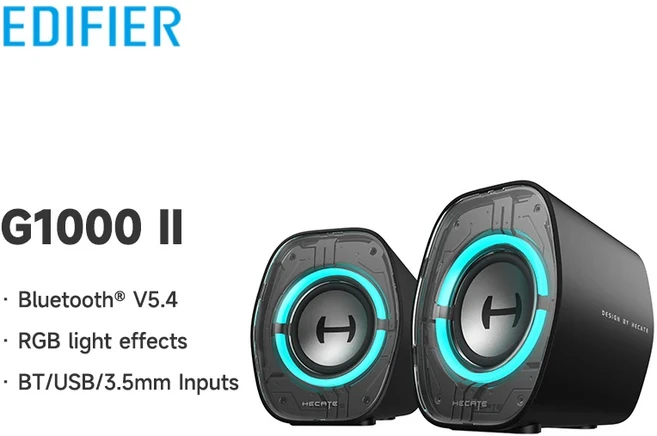 Edifier Hecate G1000 II 컴퓨터 스피커 Bluetooth V5.4 PC USB-C 3.5mm 입력 RGB 조명 효과 4W RMS, 01 2.5", 01 CHINA, 02 Black