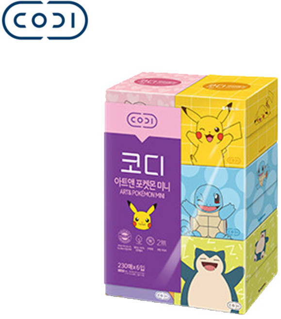 코디 아트앤 포켓몬 미니 미용티슈 2겹 무형광 천연펄프 230매x6입 1팩, 1개입, 1개