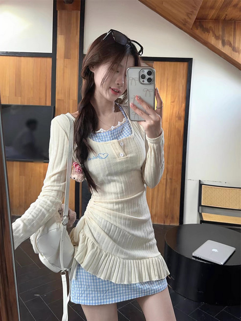 掛脖連衣裙女 秋季假兩件拼接疊穿短裙, 杏色,L, 杏色