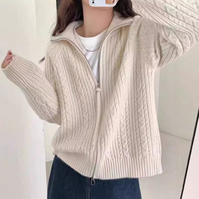 케이블 짚업 니트 가디건 하이넥 여성 캐주얼 니트 골프웨어 투웨이 지퍼 카라 꽈배기 집업 가디건
