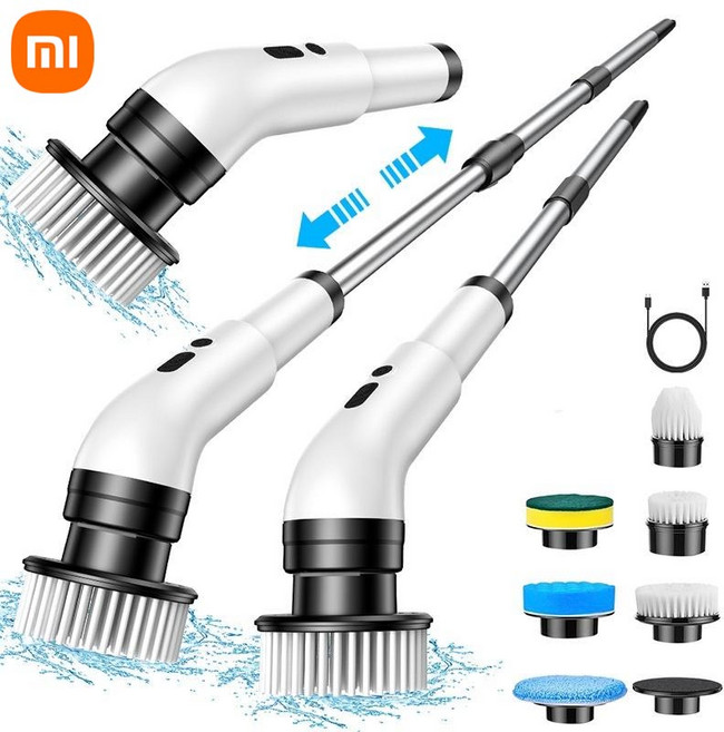 Xiaomi 전기 청소 브러시 ​​9-in-1 무선 텔레스코픽 휴대용 가정용 주방 바닥 욕실 9 헤드 스크러버, 05 White 6 heads