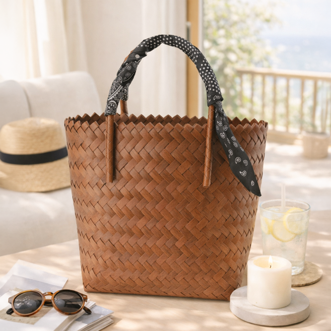 차르미콜 라탄 스타일 위빙 토트백 스카프 2종 세트 여성 여름 데일리 숄더백 비치백