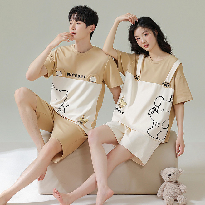 러빙유 커플잠옷 귀여운 신혼부부 원피스 반팔 민소매 캐릭터 순면 여름