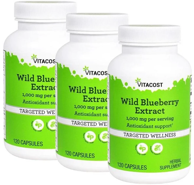 비타코스트 와일드 블루베리 추출물 1000mg 퍼서빙(60일분) Vitacost Wild Blueberry Extract, 3개, 120정 - 쿠팡
