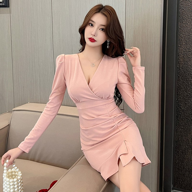 채윤러브 여성 브이넥 하이웨스트 언발 슬림핏 홀복 원피스 CY0402A