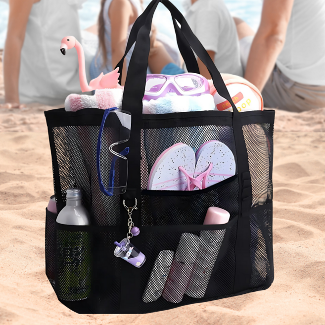 통품스토어 분할포켓 심플 방수 수영장 가방 메쉬 목욕 가방 메쉬수영가방, 블랙메쉬