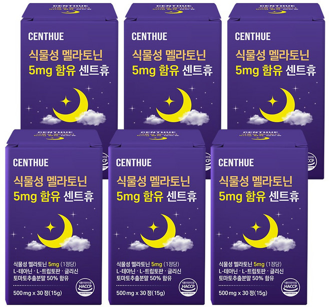 식물성 멜라토닌 5mg 함유 센트휴, 6개, 30정