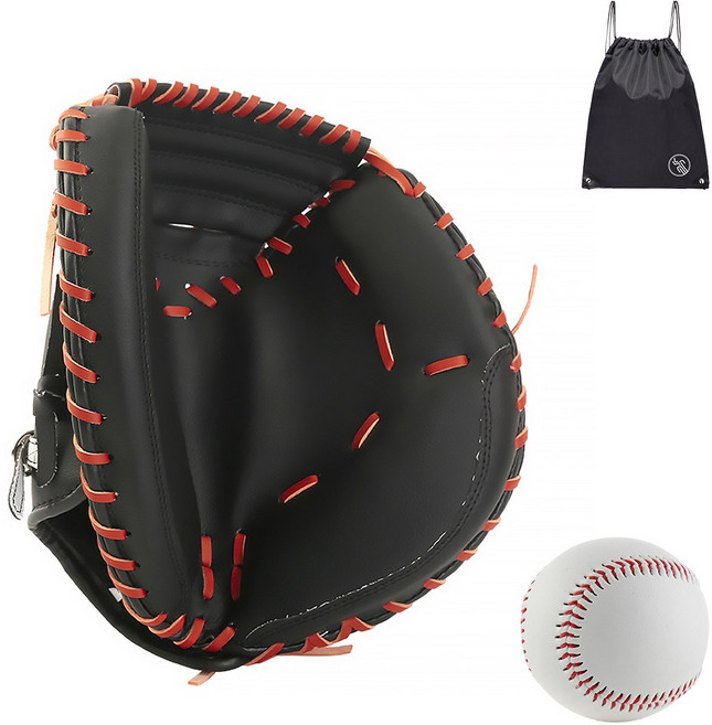 VITALO 캐치메이트 포수 글러브 야구 베이스볼 글러브 우투용 포수미트 야구공 세트 (PGN짐쌕가방 지급), 1세트, BO_블랙&오렌지
