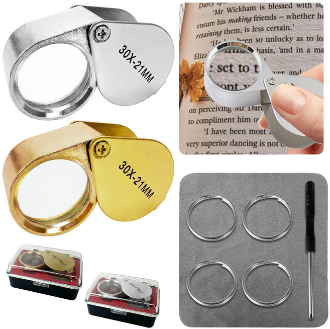 접이식 보석 돋보기 30배 금속 쥬얼리 소형 확대경 휴대용루페 30 x 21mm 2개 은색 금색