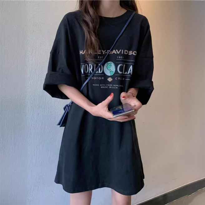 100% 순면 여름 빅사이즈 여성 롱 반팔 티셔츠 루즈핏 오버핏 캐주얼 데일리 얇은 시원한 편한 원피스티