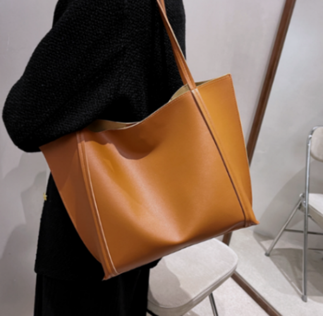 VEETIZ 여성 가죽 토트백 + 파우치 데일리 노트북 무지 대용량 가방 쇼퍼백