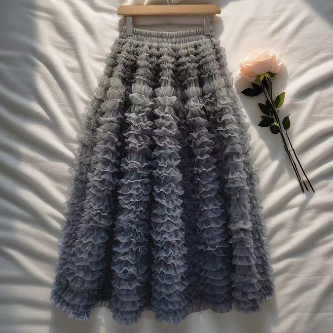 【重工蓬鬆】蛋糕半身裙 網紗裙 蓬蓬裙 紗裙 半身裙 秋冬裙 多層褶皺 高腰A字版型 中長款 層次感仙女裙