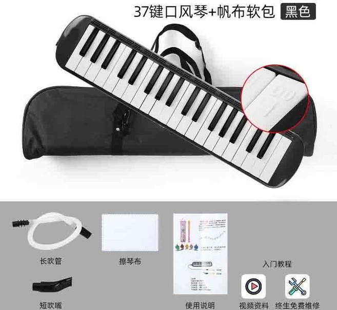 37鍵口風琴 附贈教學資源與配件, 1個, 37鍵軟包黑色-含吹管, 黑色