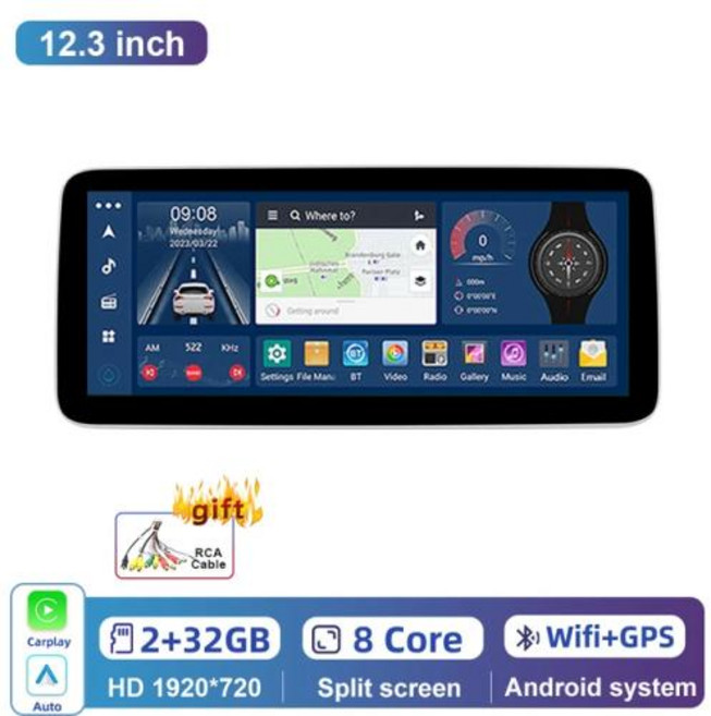 안드로이드 오토 올인원 네비게이션 Podofo 차량용 라디오 스테레오 무선 카플레이 4G 와이파이 GPS 내비게이션 12.3 인치 8 코어 12 2 32G, CHINA_8Core 2G 32G