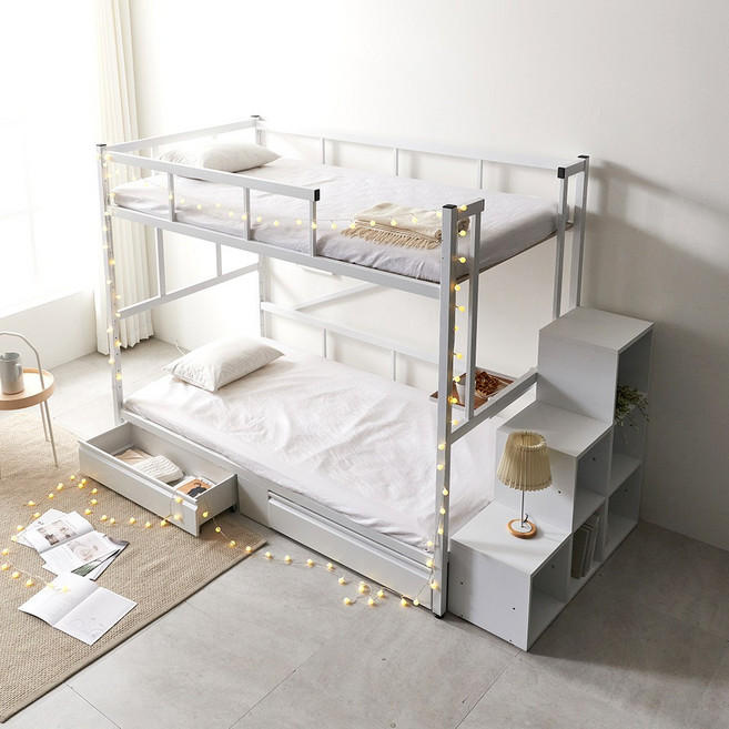 레벨업 높이조절 철제 서랍형 성인 이층침대 원룸 수납 인테리어 슈퍼싱글, 1-1.이층침대SS 수납계단형-화이트