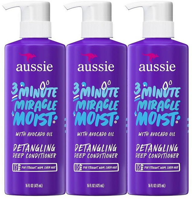 [미국수입 정품] Aussie 딥 컨디셔너 아보카도 함유 파라벤 프리 3분 미라클 모이스트 건조한 모발용 473.2ml (16온스) 3개 세트 221881, 475ml