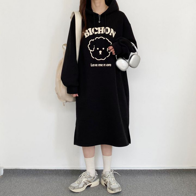 휘잇 부드러운 캐주얼 여성 후드원피스 기모 맨투맨원피스 데일리룩