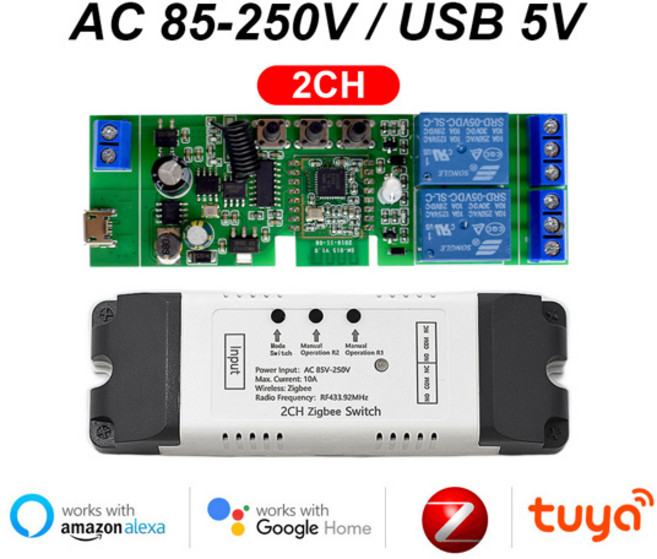 2 채널 지그비 스위치 스마트 모듈 릴레이 Dc 12v 24v 110v 220v 230v RF433 컨트롤러 수신기 작동 Alexa Google, 3) 2CH Zigbee 85250V