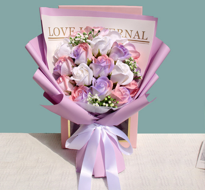 ONAKY 졸업식 장미 비누 꽃다발 + 선물상자 시들지 않는 졸업 선물, 자주색