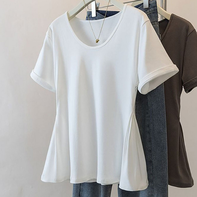 ROYALBELLE 여성 라운드넥 셔링 A라인 캐주얼 반팔 티셔츠 T06031105