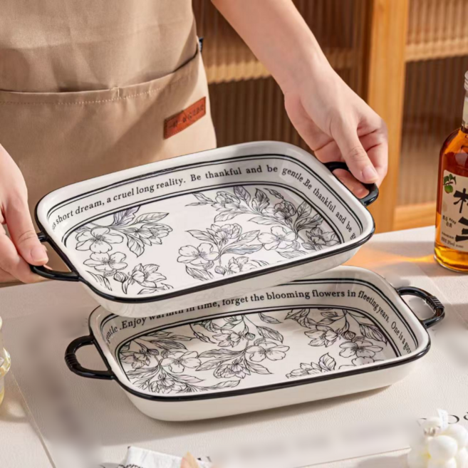 우아한 동백생선접시 직사각형 어반양손생선접시세트, 2개, 단품, 화이트+블랙