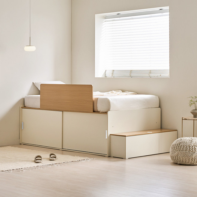 장인가구 도피오 슬라이딩 빅수납 높은 침대 프레임 SS (높이620)_수납계단_안전가드, 아이보리, 빅수납620