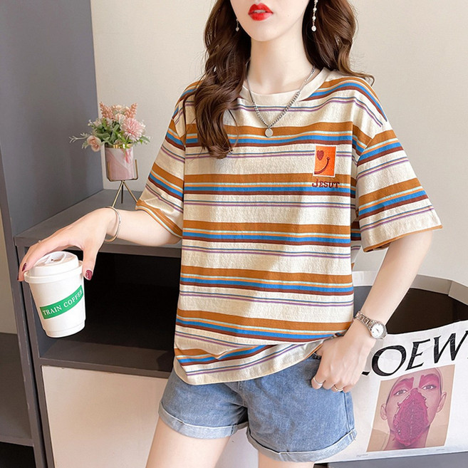 자칠 여성 여름 반팔티셔츠 캐주얼 단가라 티 베이직 데일리룩 스트라이프 티셔츠