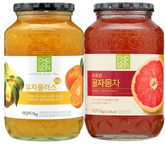 [조한스토어] 초록원 유자 플러스 감귤 1kg + 꿀자몽차 1kg 액상차 유리병, 1세트, 1개입