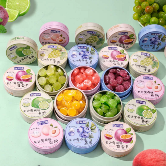 프리미엄 과일 캔디 틴케이스 상큼 간식 백도 블루베리 패션후르츠 청포도 각1상자 1세트, 8개, 25g