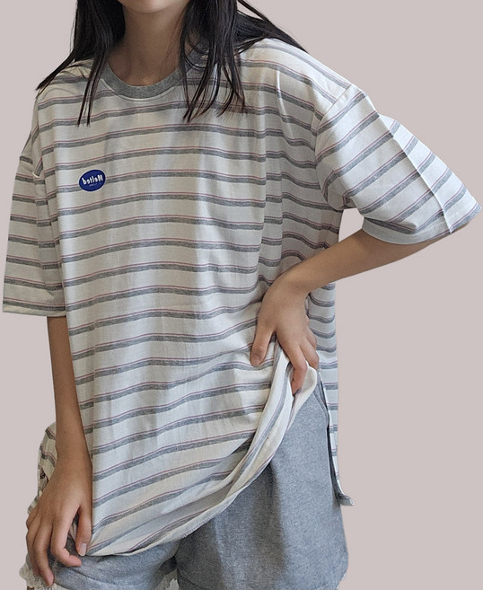 여성 마카롱 단가라 박스 반팔티 오버핏 국내제작 빅사이즈