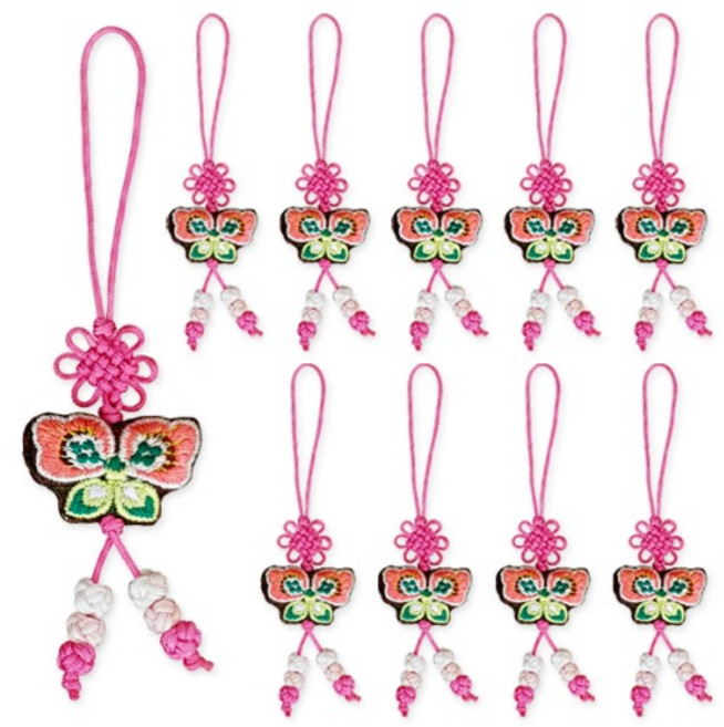 10개) 진달래색 전통 나비매듭 노리개 장신구줄 명절선물포장 한복 예단 과일 떡 봉투 답례품 포장 장식