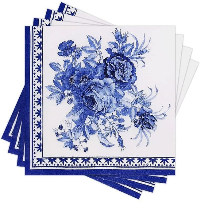 Spring Floral Paper Napkins Disposable 80PCS Decorative Blue & Gold Floral (Holly Mistletoe Pin, 1