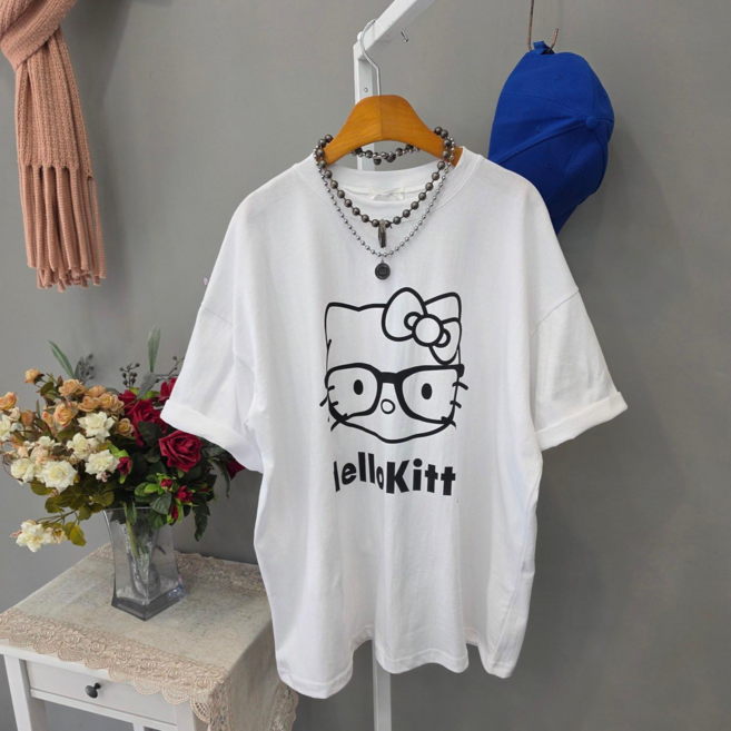 헬로우캣츠 오버핏 반팔티셔츠 여성용 오버핏 면100%
