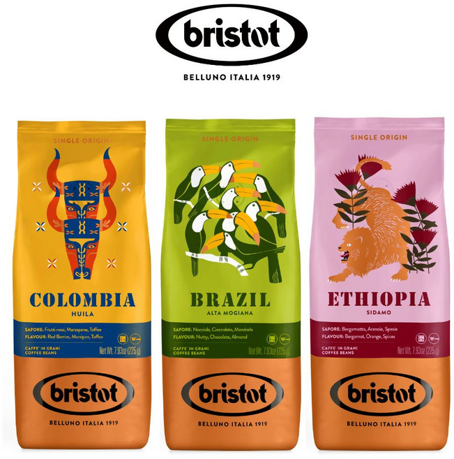 브리스토트커피 싱글오리진 에티오피아 브라질 콜롬비아 (분쇄안함) 225g, 3개, 홀빈(분쇄안함)