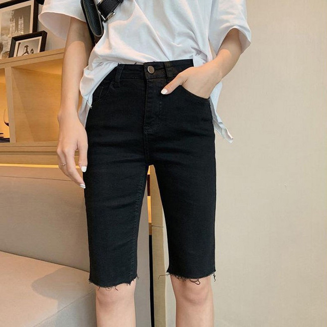FUXI 高腰彈力毛邊五分牛仔短褲女