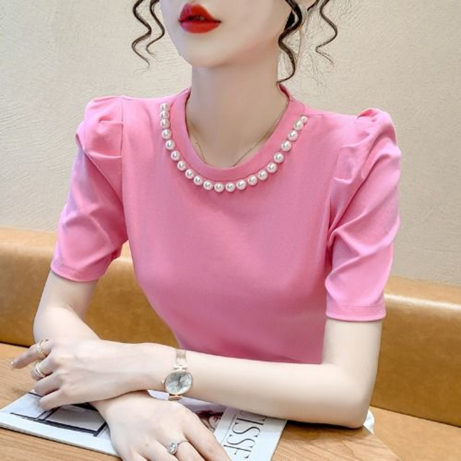 Ashysnow 빅사이즈 진주장식 퍼프소매 라운드넥 반팔티 썸머 슬림핏 날씬해보이는 베이직 반팔 티셔츠 상의