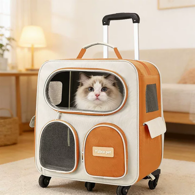 Kismetic 반려동물 이동식 백팩 강아지 캐리어 고양이 이동 캐리어 애견 여행 가방 4륜, 1개, 오렌지