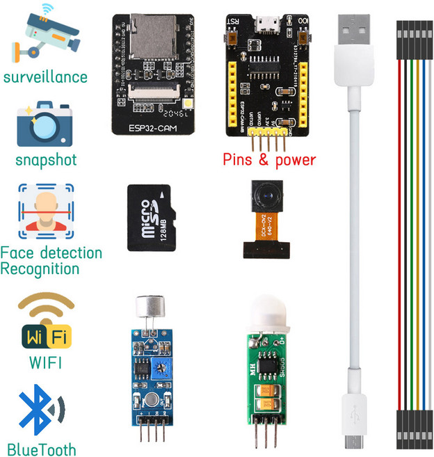 ESP32 카메라 키트 모니터 스냅샷 얼굴 인식 인식 아두이노 DIY 와이파이 모듈 128M SD 카드 2 0 메가 픽셀 ESP32 CAM, 단일옵션, 1개