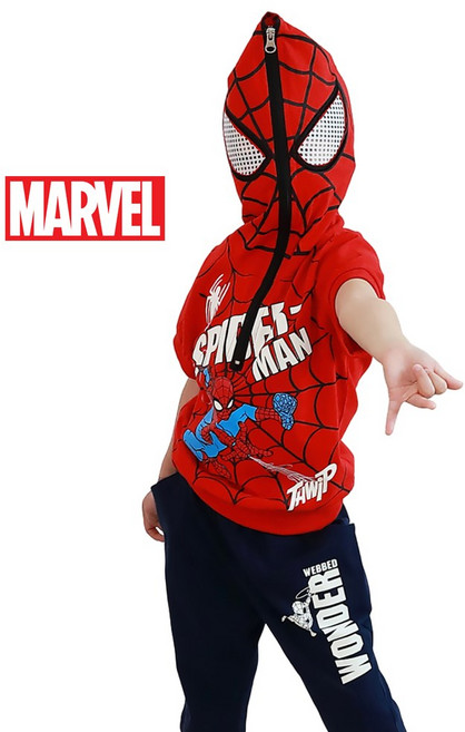 반팔 마블정품 스파이더맨 가면 상하복 바지 세트 히어로