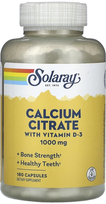 Solaray 비타민D3 함유 구연산 칼슘 1000mg 캡슐 180정(캡슐 1정당 250mg), Solaray비타민D3함유구연산칼슘1000mg캡슐180, 1개, 180정 - 쿠팡