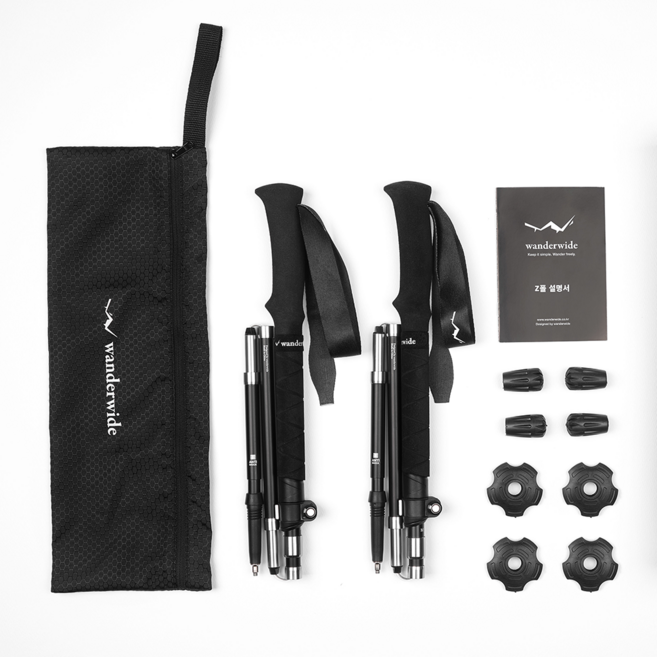 원더와이드 접이식 등산스틱 등산지팡이 듀랄루민 노르딕워킹, 1세트, 블랙