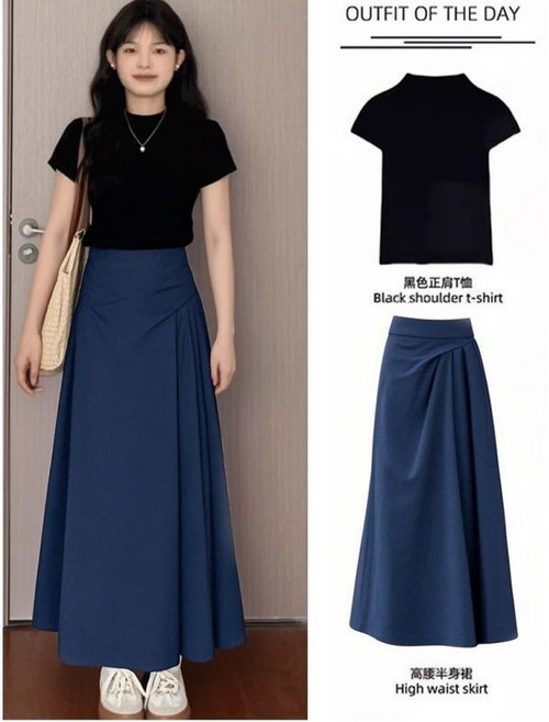 【小個子顯高】半身裙 長裙 高腰裙 A字裙 春秋裙 氣質半裙 過膝長款 垂感百褶 初春通勤穿搭 梨形身材必備