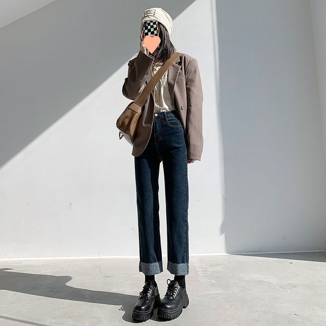 SAHINER 여성 하이웨스트 일자핏 청바지 키작녀 청바지 ANZ26