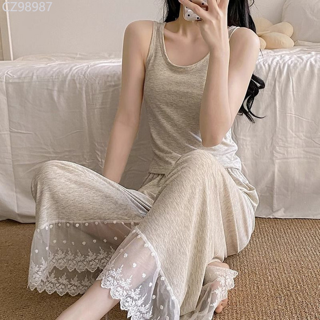 女士夏季背心睡衣長褲蕾絲邊家居服套裝