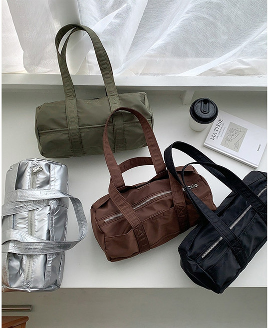 프롬배유 여성 나일론 실린더 라운드 블랙 원통 미니 가벼운 데일리 토트백 실버 블랙 카키 (3color)