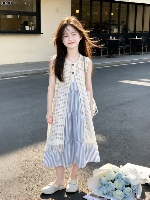 DFMEI 女童連衣裙夏季洋氣兒童獨特漂亮裙子大童女孩夏裝公主裙