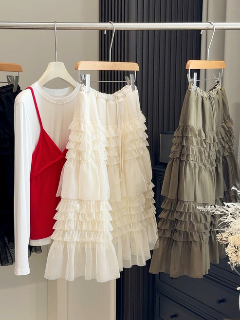 【重工韓系】蛋糕裙 蓬蓬裙 網紗裙 半身裙 中長裙 木耳邊 鬆緊腰 多層紗裙 春季新款 氣質仙女裙